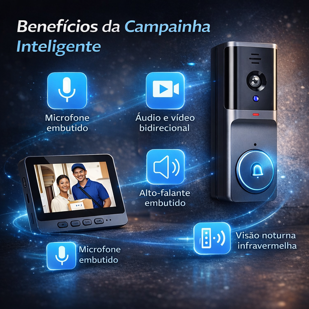 Campainha com Câmara Sem Fios 1080 p – Visão Noturna & Ecrã 4,3”
